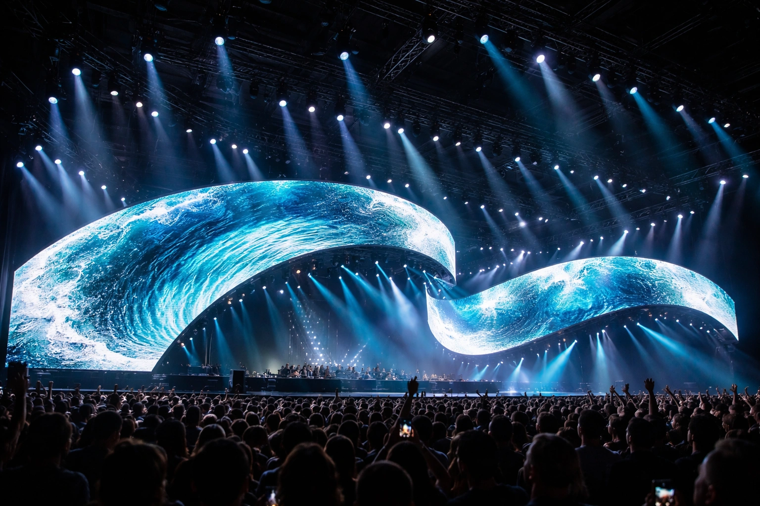 Vibrant concert with ocean wave visuals