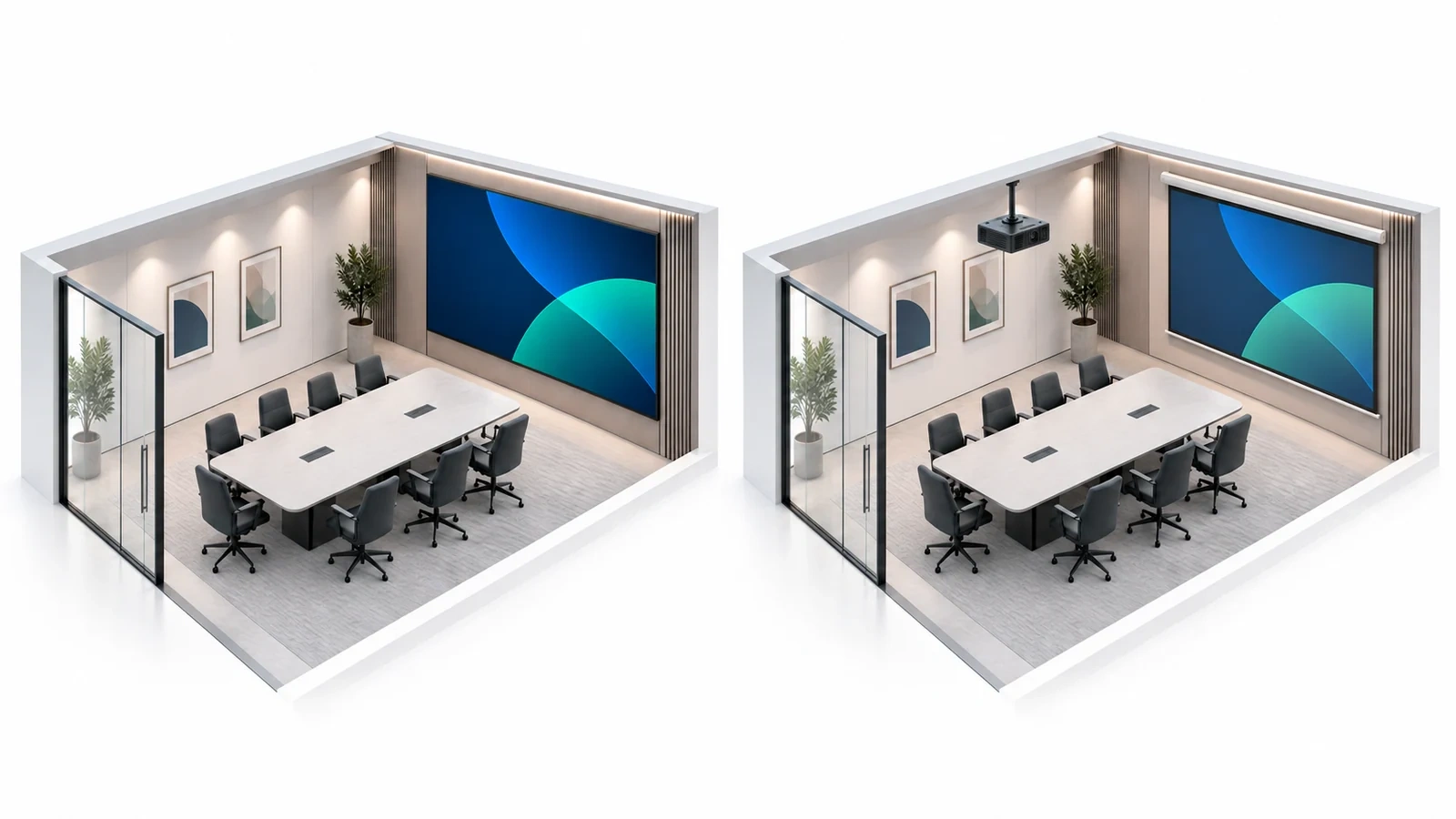 Concept illustration comparing a direct-view LED wall on the left with a projection screen and ceiling projector on the right.
