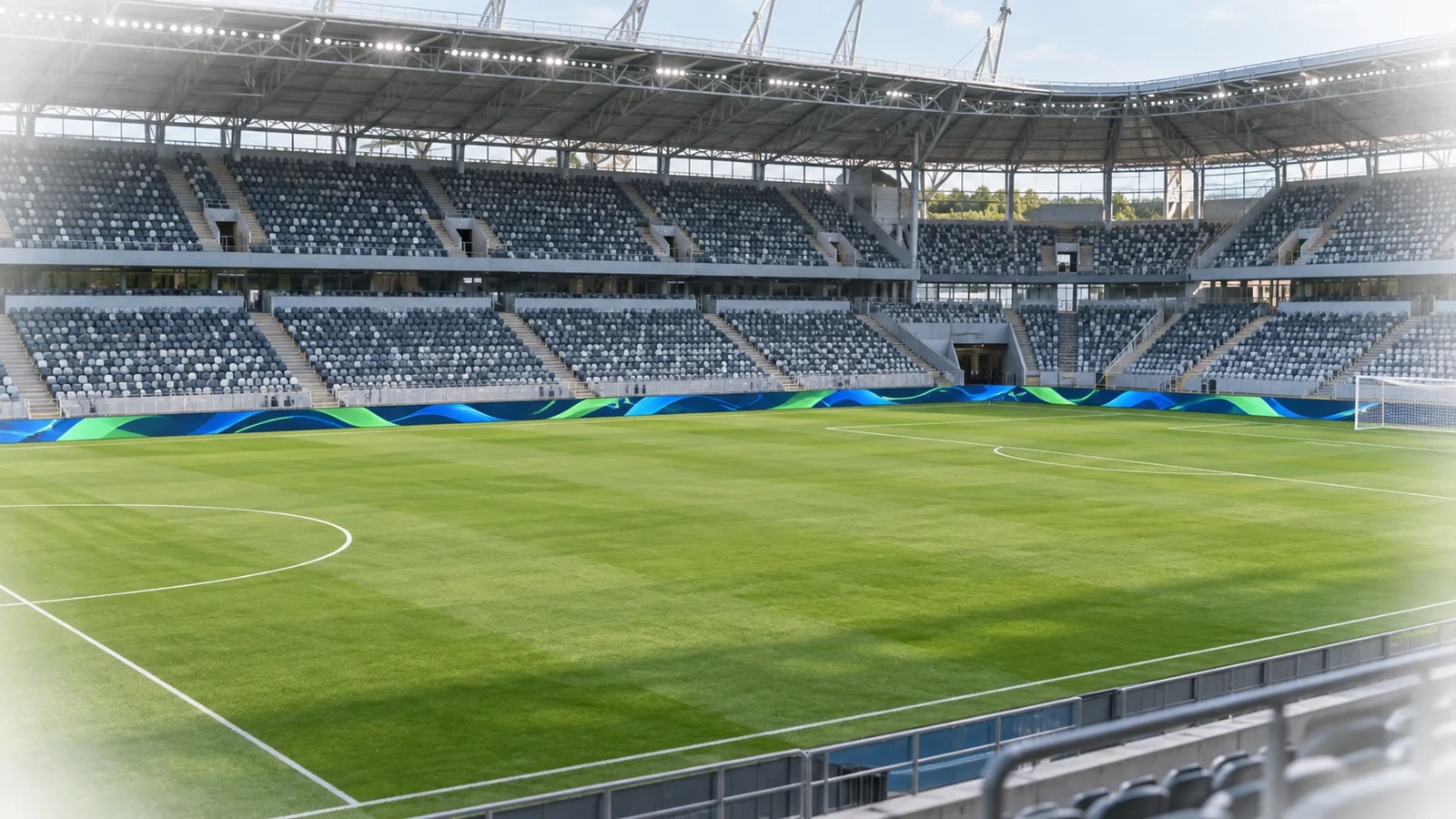 Concept illustration of LED boards on the far field perimeter, screens facing the pitch and camera, with abstract graphics.