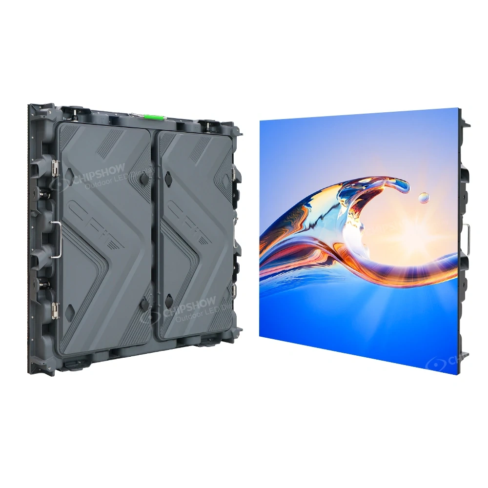 Chipshow outdoor LED cabinet shown from the front and rear, with twin rear service doors.