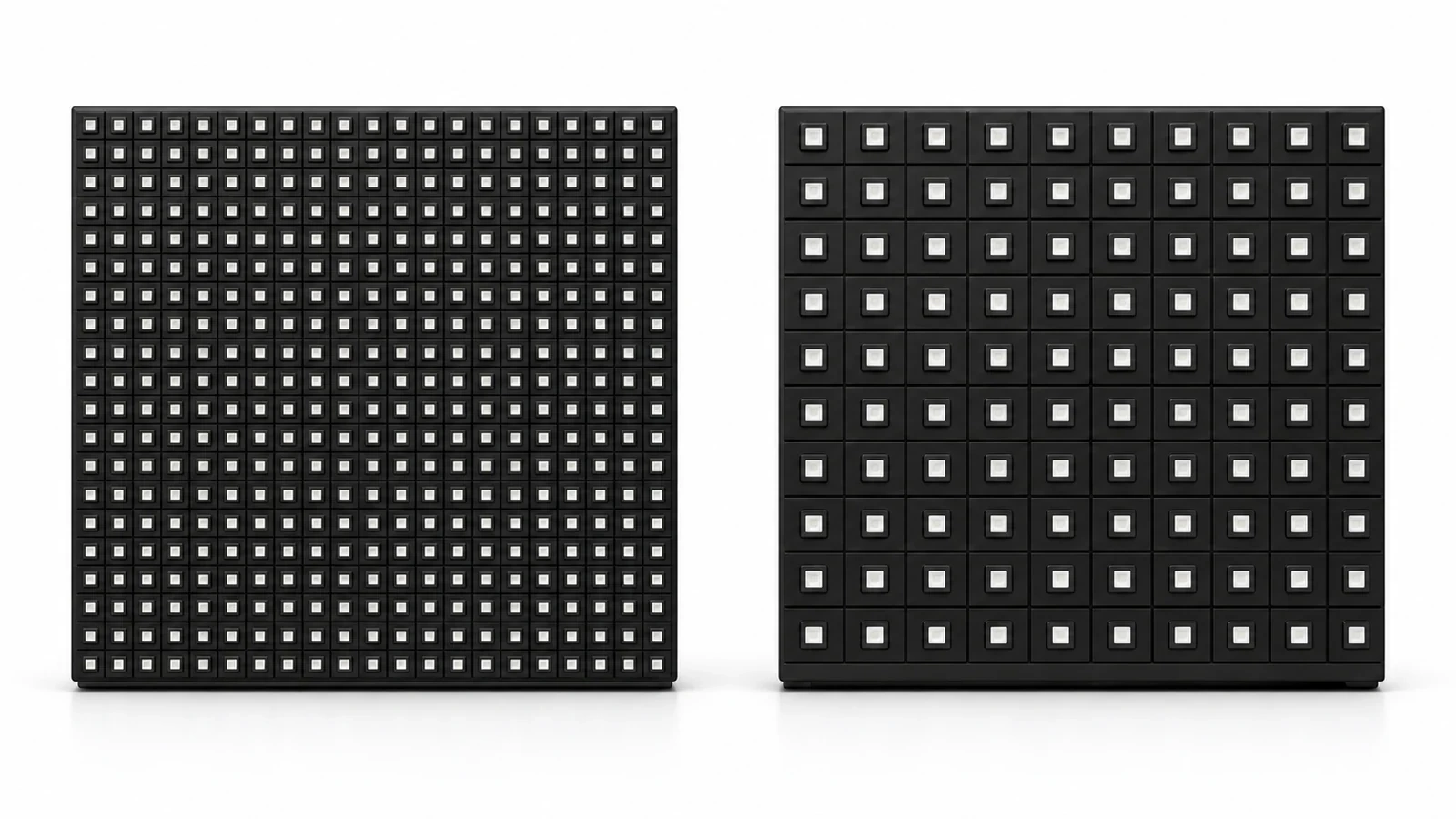 Concept illustration of two equal-size black LED surfaces showing a denser versus coarser dot array.