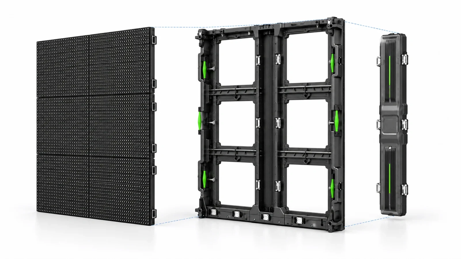 Concept illustration of a six-module LED face, an open six-bay black cabinet frame and a separate closed electronics enclosure.