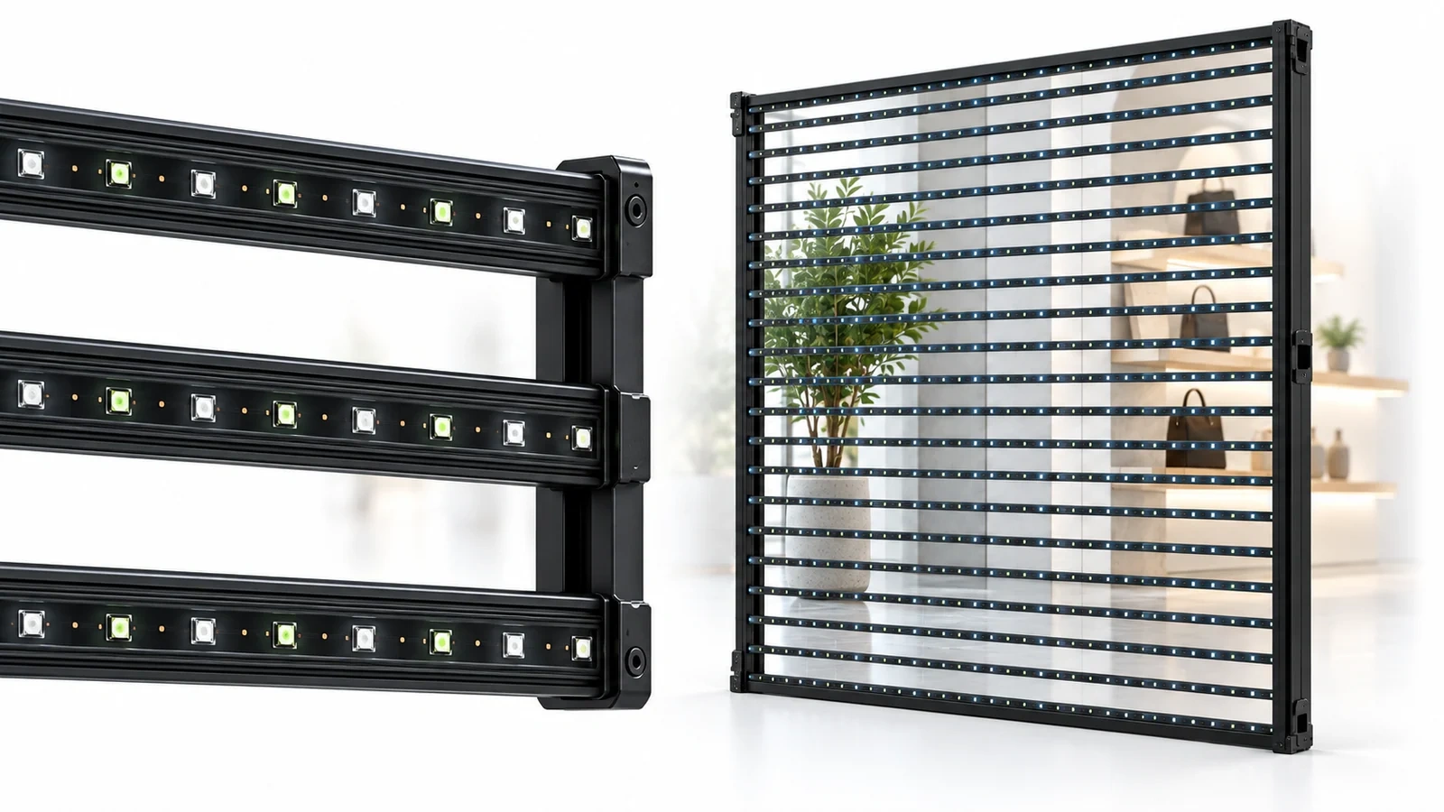Concept illustration of a transparent strip LED panel with a plant and shelves behind it, plus a separate macro view of the LED strips.
