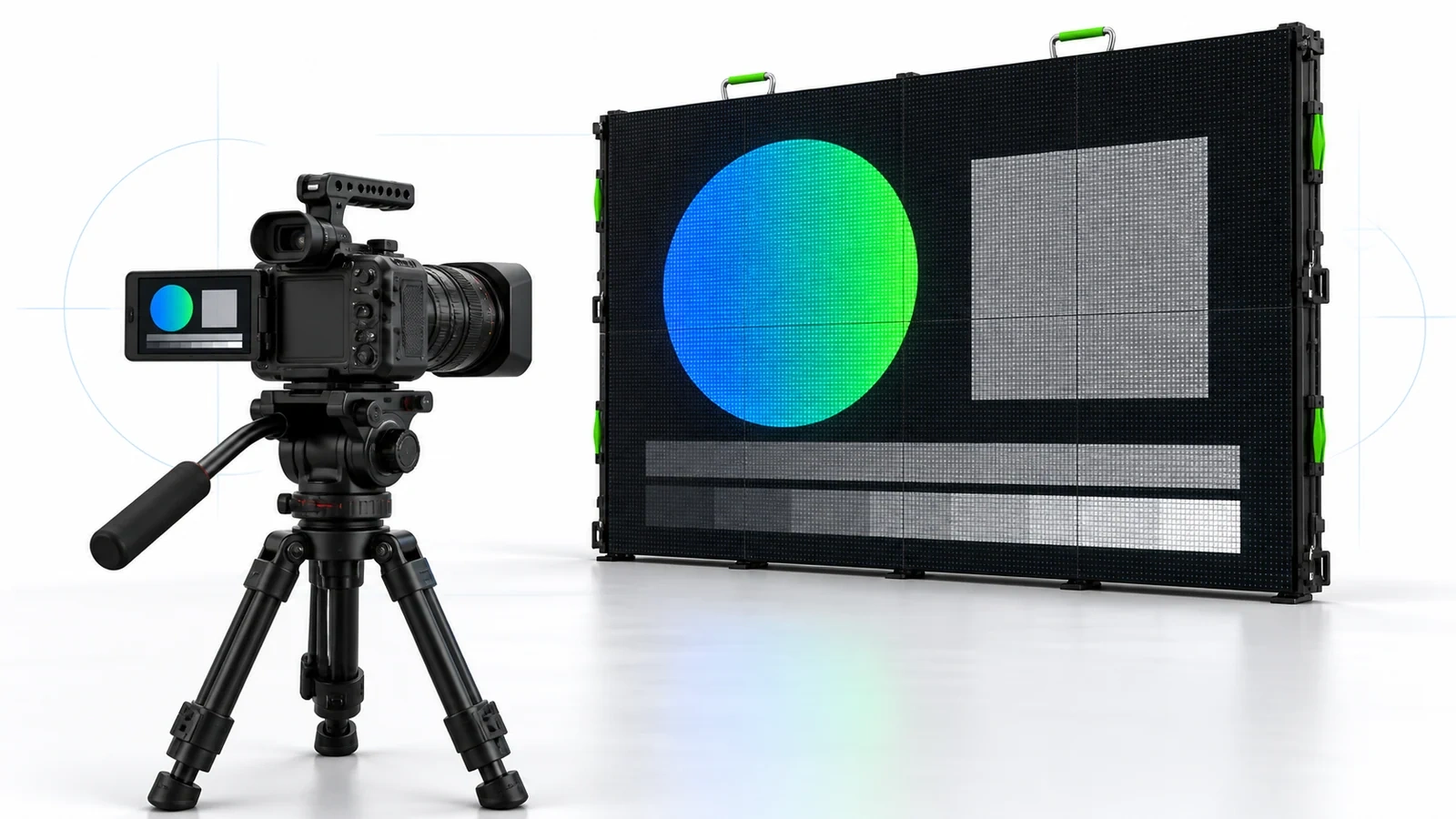 Concept illustration of a camera on a tripod aimed at an LED wall showing simple patterns, with the same patterns on the camera monitor.