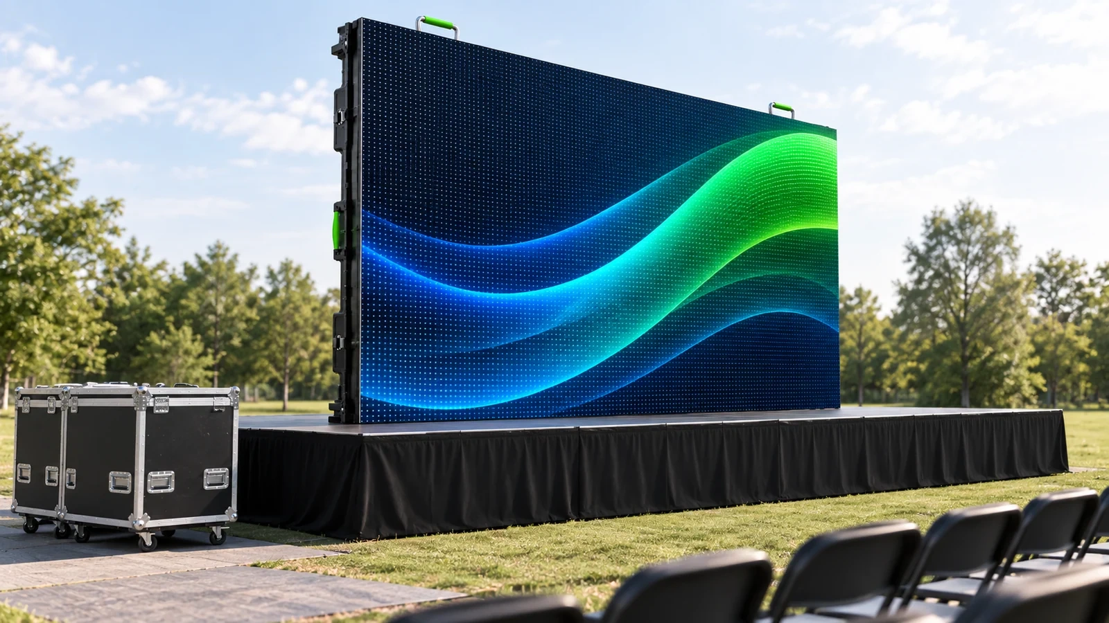 Concept illustration of an outdoor event with a large screen on a low stage, nearby cases and seats, in daylight with trees.