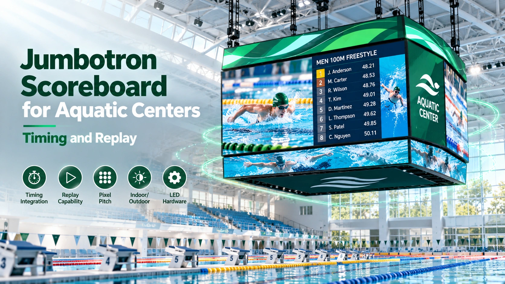 Jumbotron scoreboard for aquatic centers