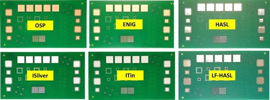 Visual comparison of PCB surface finishes: OSP, ENIG, and HASL
