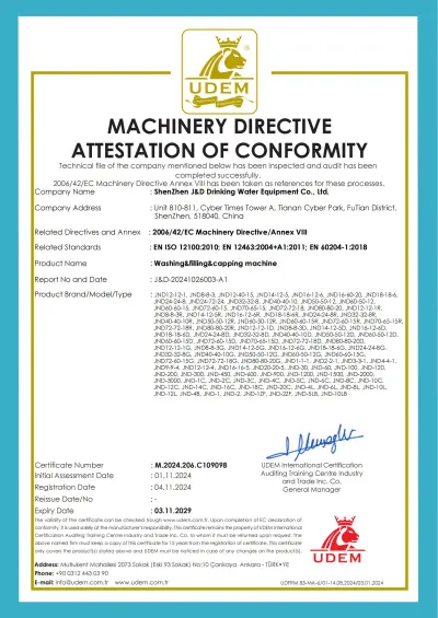 CE attestation of conformity to Machinery Directive 2006/42/EC for washing, filling and capping machines