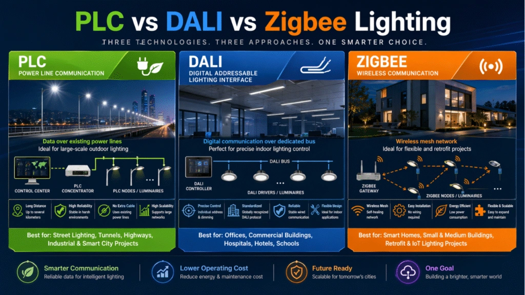 PLC vs DALI vs Zigbee lighting comparison showing communication technologies for smart lighting systems