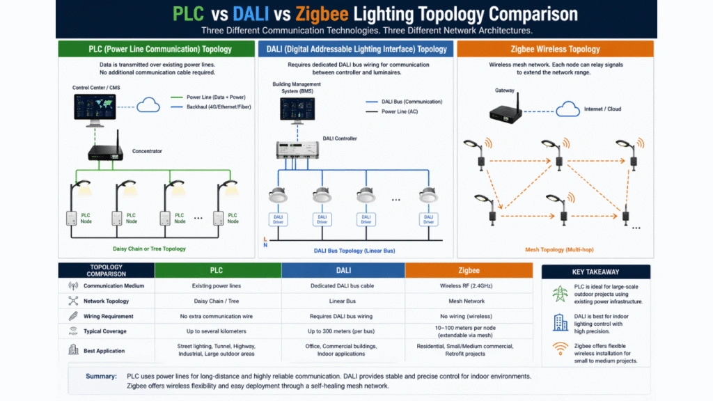 plc-vs-dali-vs-zigbee-lighting-topology-comparison-diagram