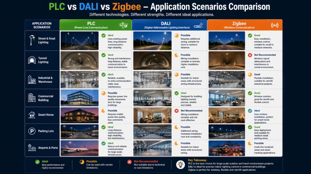 Application comparison of PLC, DALI, and Zigbee lighting in street, building, and smart home environments