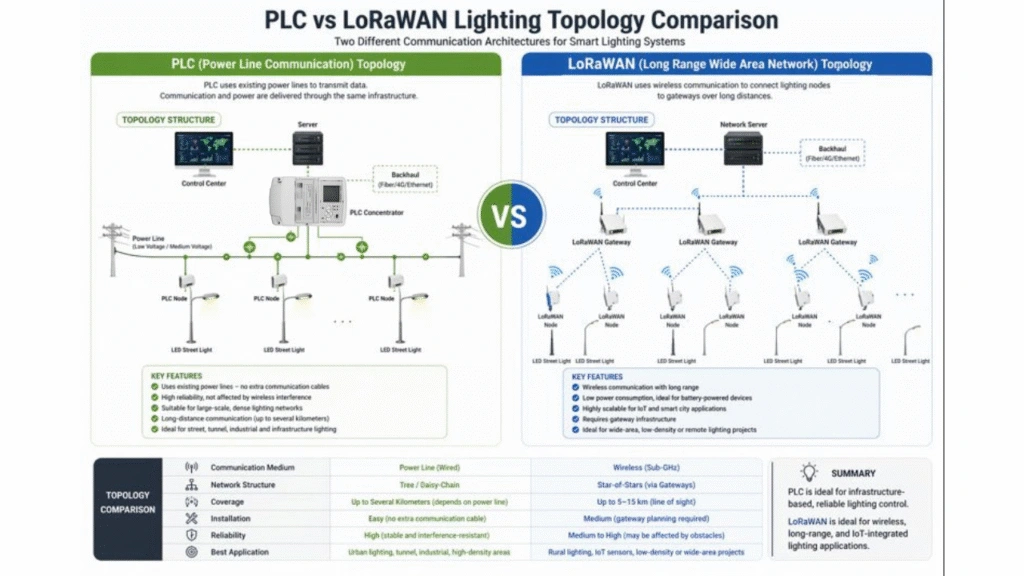 PLC vs LoRaWAN lighting topology diagram showing wired power line network and wireless gateway communication architecture