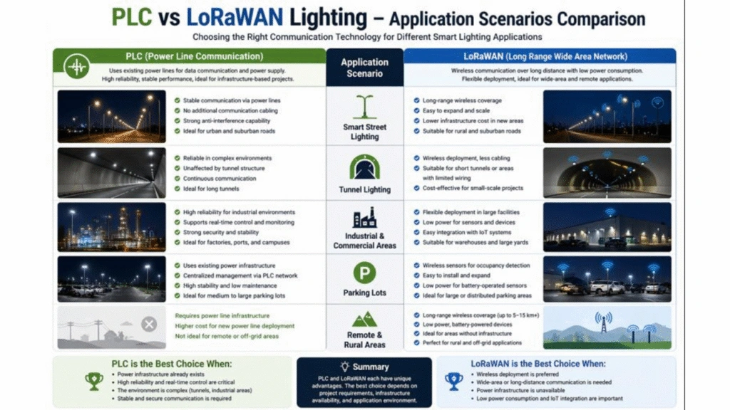 PLC vs LoRaWAN lighting deployment scenarios comparison showing infrastructure-based and wireless lighting environments