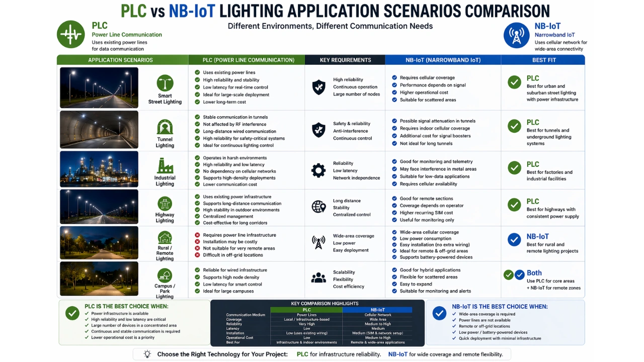 PLC vs NB-IoT lighting deployment scenarios comparison across street, tunnel, industrial, and rural environments