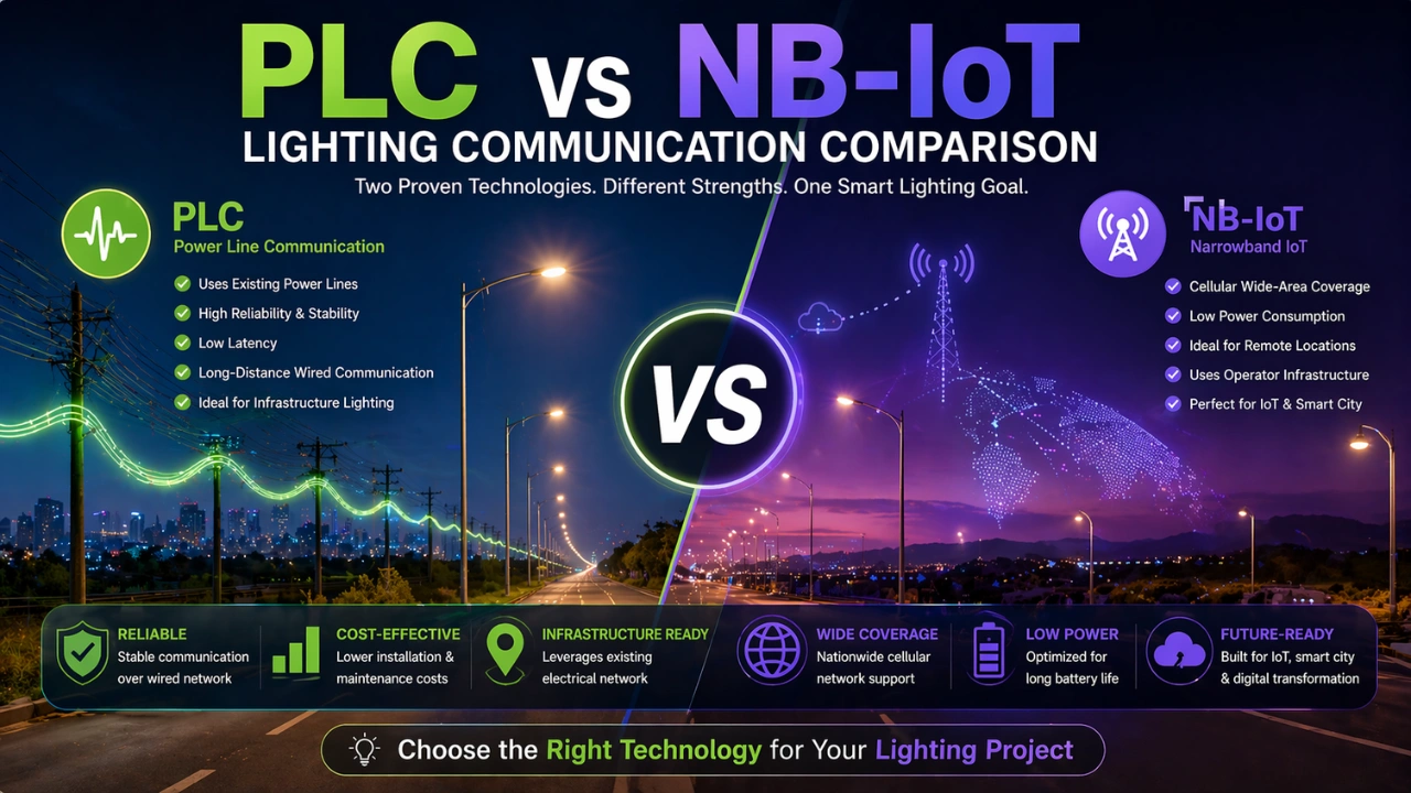 PLC vs NB-IoT lighting communication comparison banner showing wired infrastructure and cellular IoT connectivity