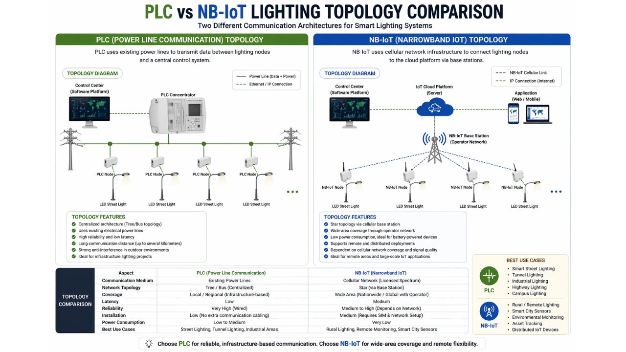 PLC vs NB-IoT lighting topology diagram showing power line network and cellular base station architecture