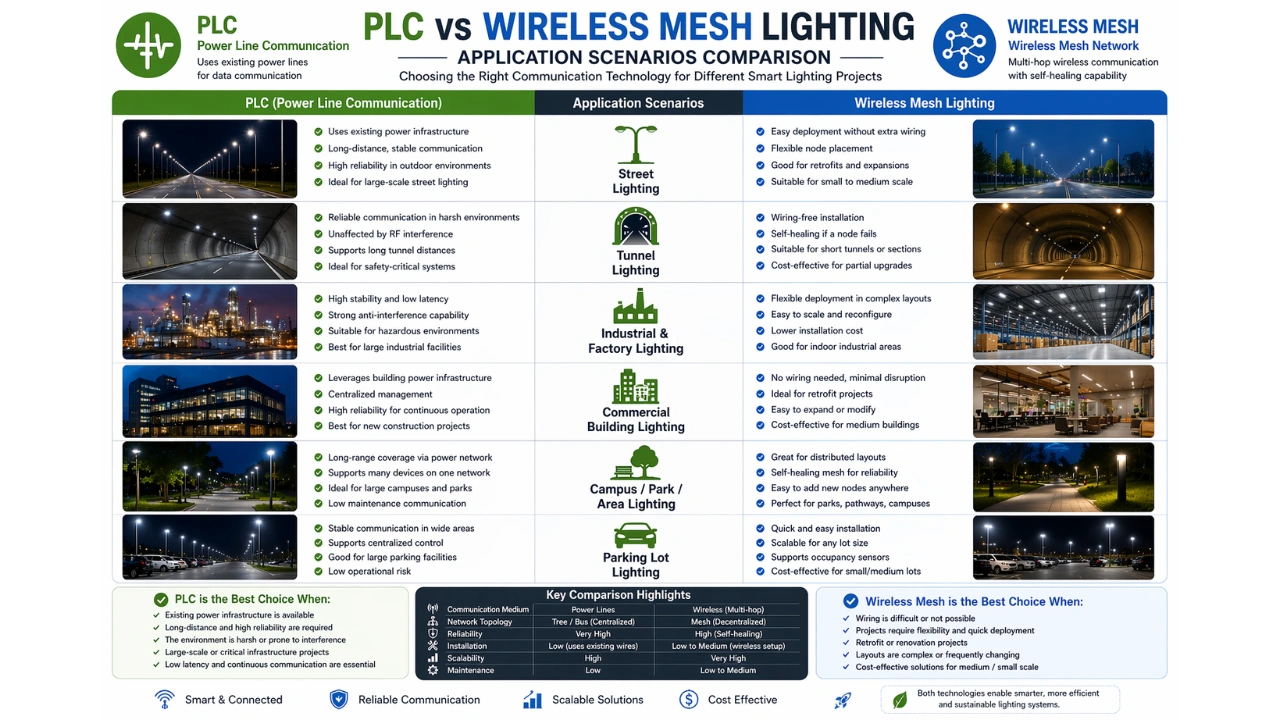 PLC vs wireless mesh lighting deployment scenarios comparison across infrastructure and building environments