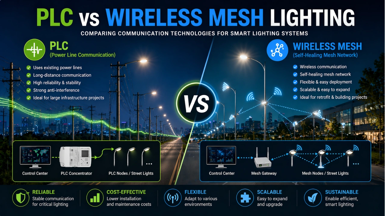 PLC vs wireless mesh lighting comparison showing wired and wireless smart lighting communication technologies