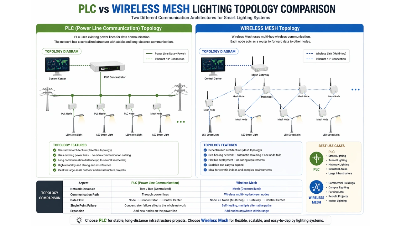 PLC vs wireless mesh lighting topology diagram showing power line network and wireless mesh communication structure