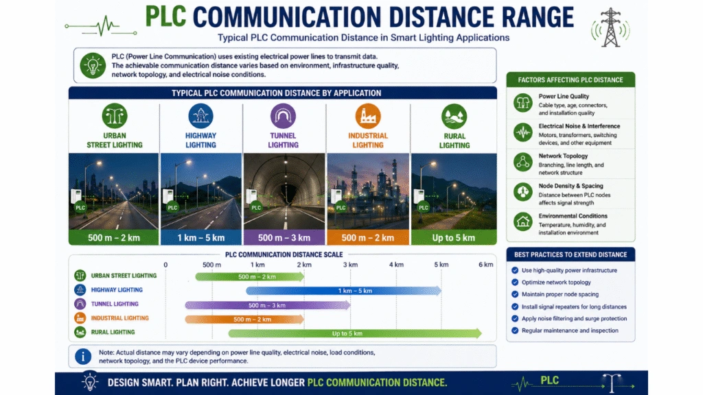 PLC communication distance range comparison across urban, highway, tunnel, and industrial environments