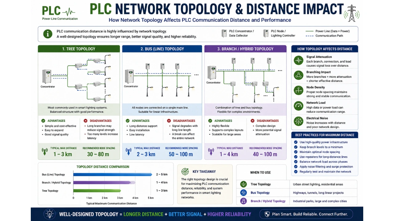 PLC network topology diagram showing how branching affects communication distance