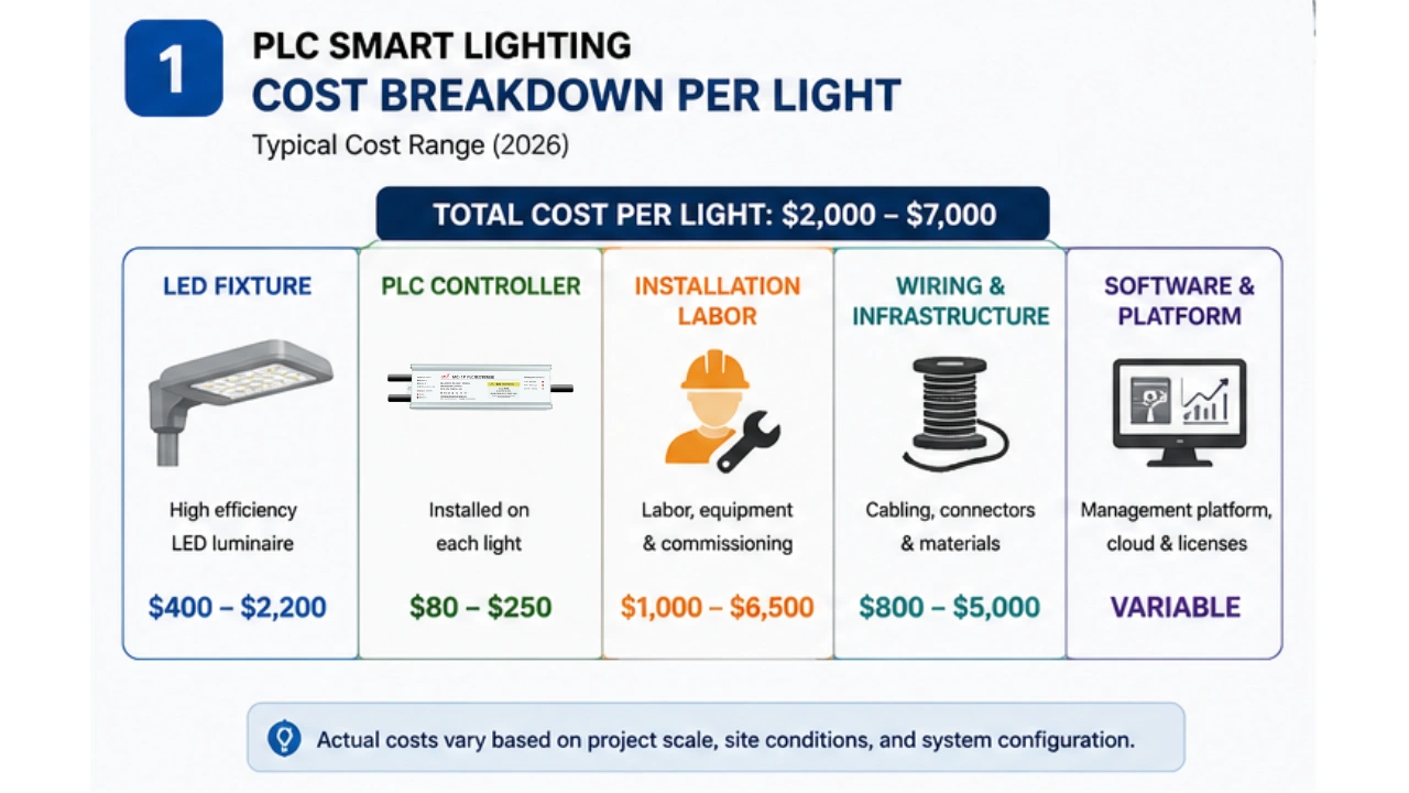 PLC smart lighting cost breakdown per light including fixture, controller, wiring, and installation expenses