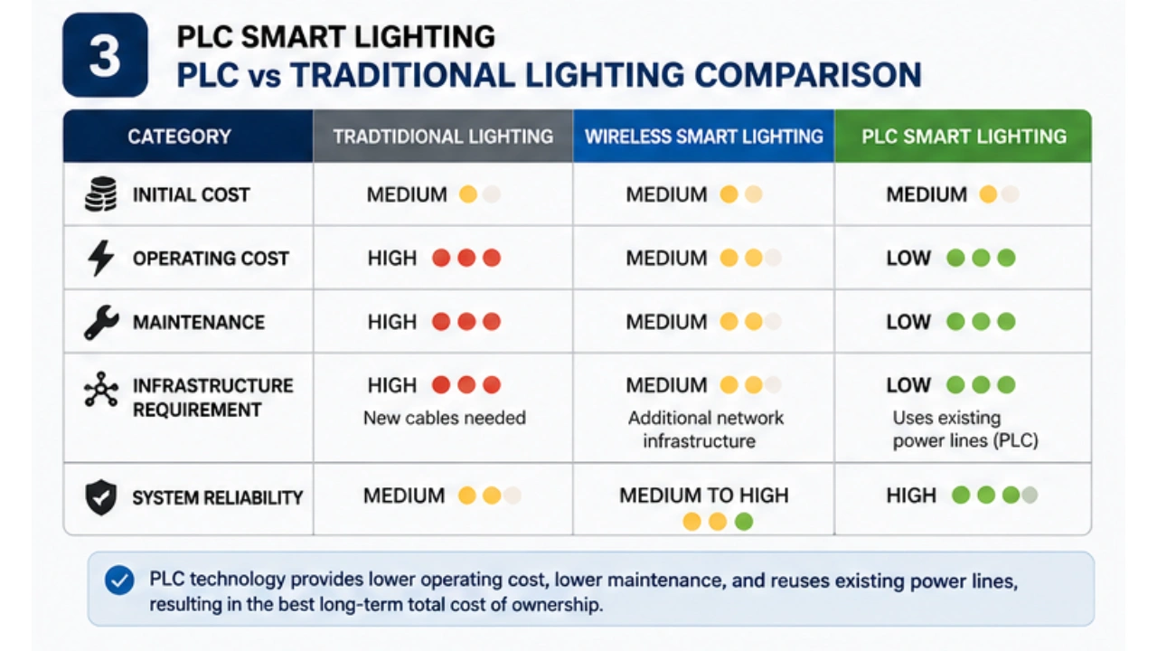 Comparison of traditional lighting, wireless lighting, and PLC smart lighting cost and maintenance differences