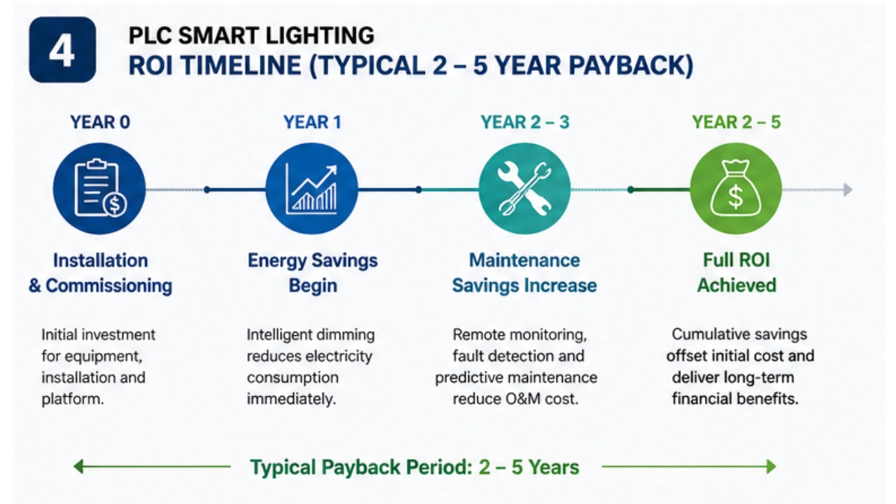 PLC smart lighting return on investment timeline showing energy savings and payback period