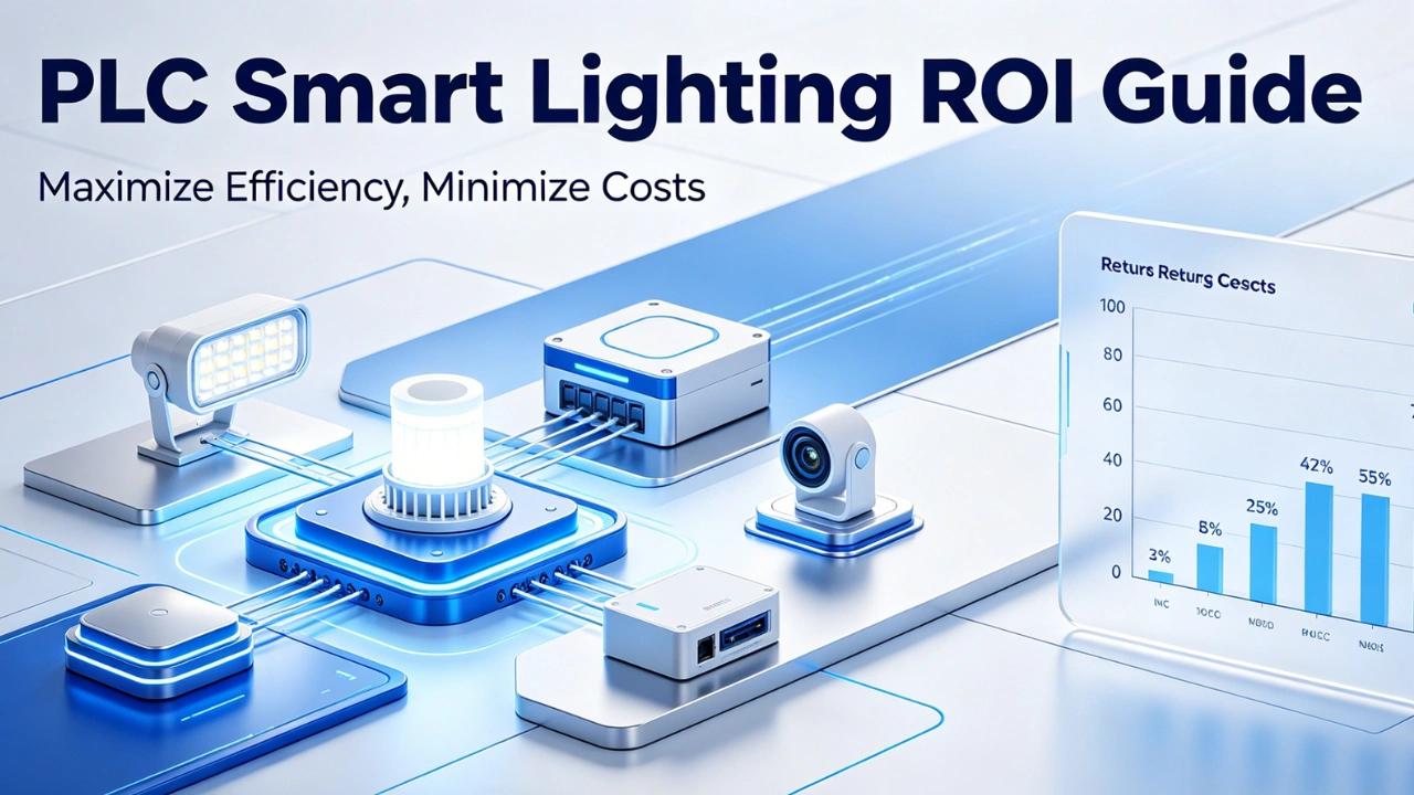 PLC smart lighting ROI guide infographic banner highlighting installation cost savings, energy efficiency, and long-term investment returns for smart city lighting systems