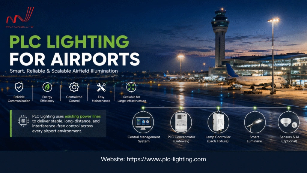 Smart PLC lighting system for airports featuring illuminated runway and terminal lighting with centralized smart control, energy-efficient airfield illumination, and power line communication infrastructure for scalable airport lighting management.