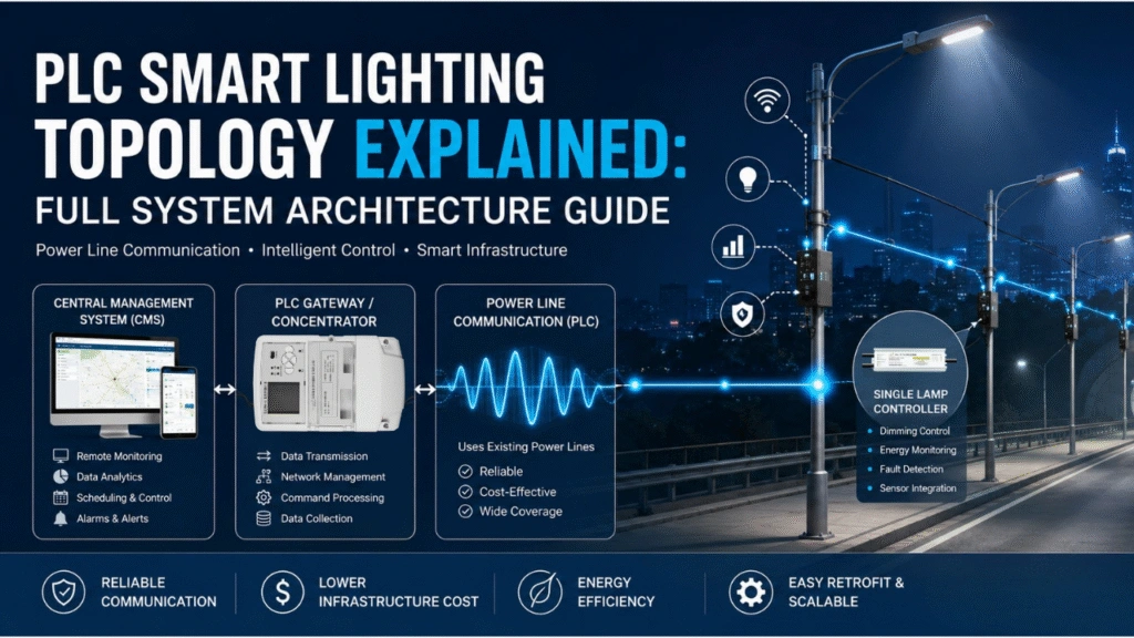 PLC smart lighting topology architecture diagram showing CMS gateway concentrator power line communication lamp controllers sensors and intelligent lighting network