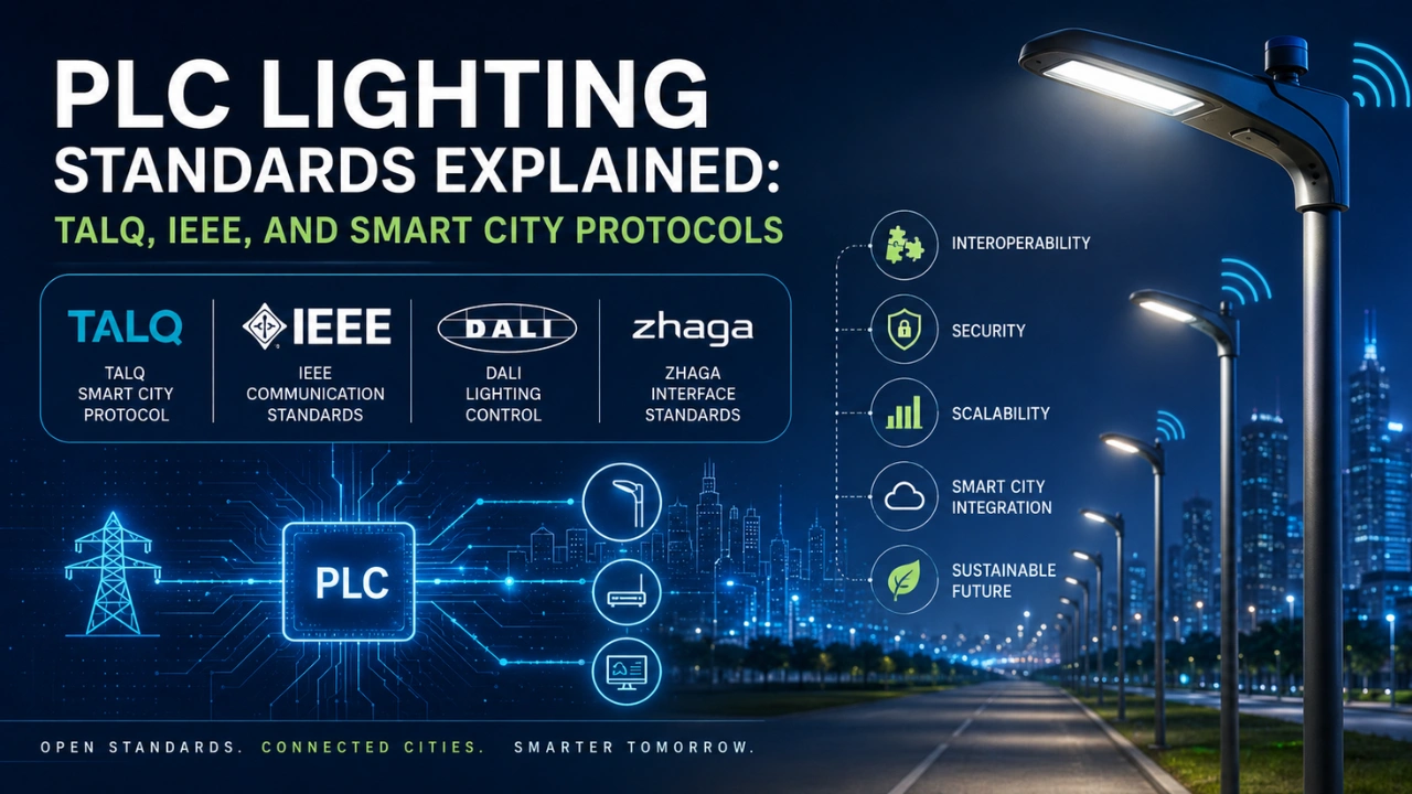 PLC lighting standards infographic showing TALQ, IEEE, DALI, and Zhaga smart city communication protocols with connected smart street lighting infrastructure at night