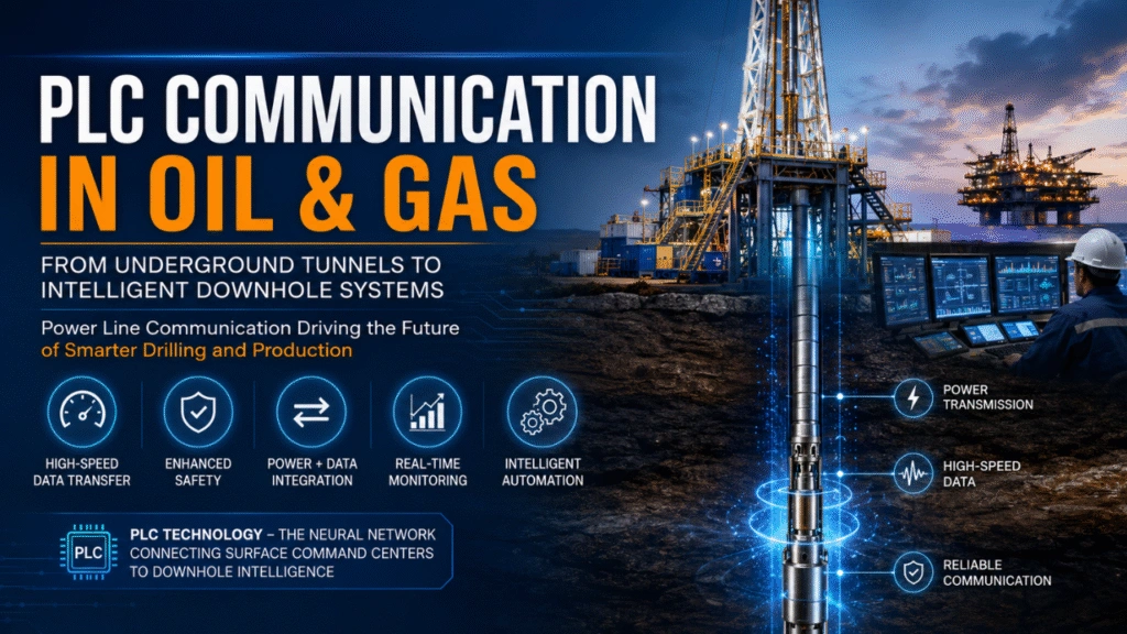 Industrial banner showing PLC communication technology in oil and gas drilling, featuring offshore drilling rigs, intelligent downhole systems, real-time monitoring dashboards, and high-speed power line communication for smart drilling operations.