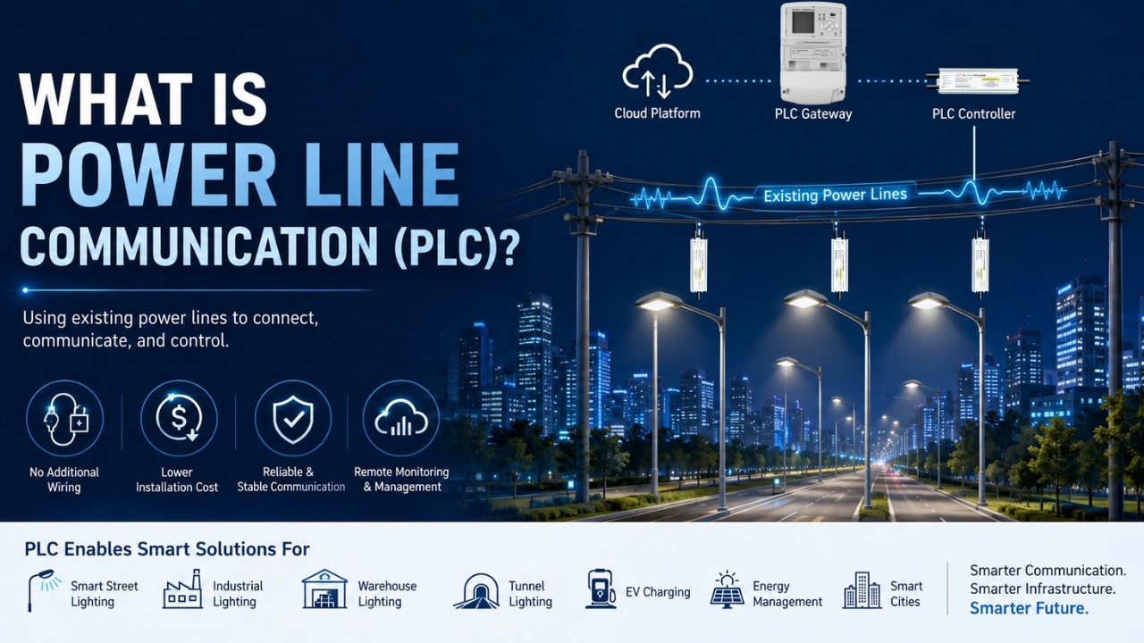 What is Power Line Communication (PLC) infographic showing how PLC transmits data over existing power lines to connect smart street lighting, PLC gateways, controllers, and cloud platforms.