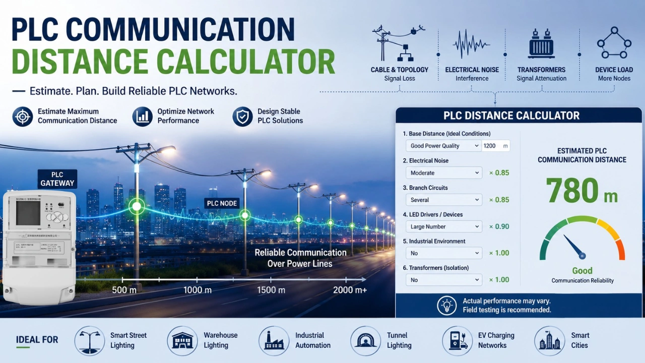 PLC Communication Distance Calculator showing estimated power line communication range for smart lighting and industrial PLC networks based on cable conditions and signal attenuation.