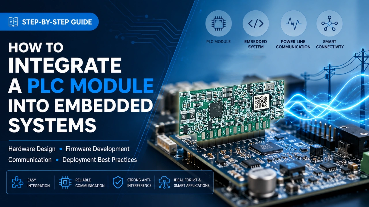 Illustration of a PLC module integrated into an embedded system PCB for Power Line Communication (PLC) in IoT and smart lighting applications.