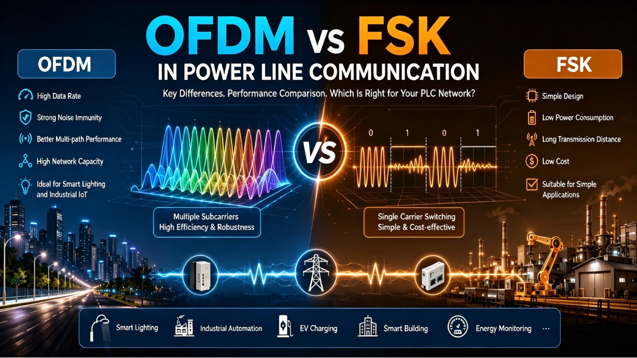 OFDM vs FSK in Power Line Communication banner comparing modulation methods for PLC networks, highlighting communication speed, noise immunity, transmission distance, network capacity, smart lighting, and industrial IoT applications.