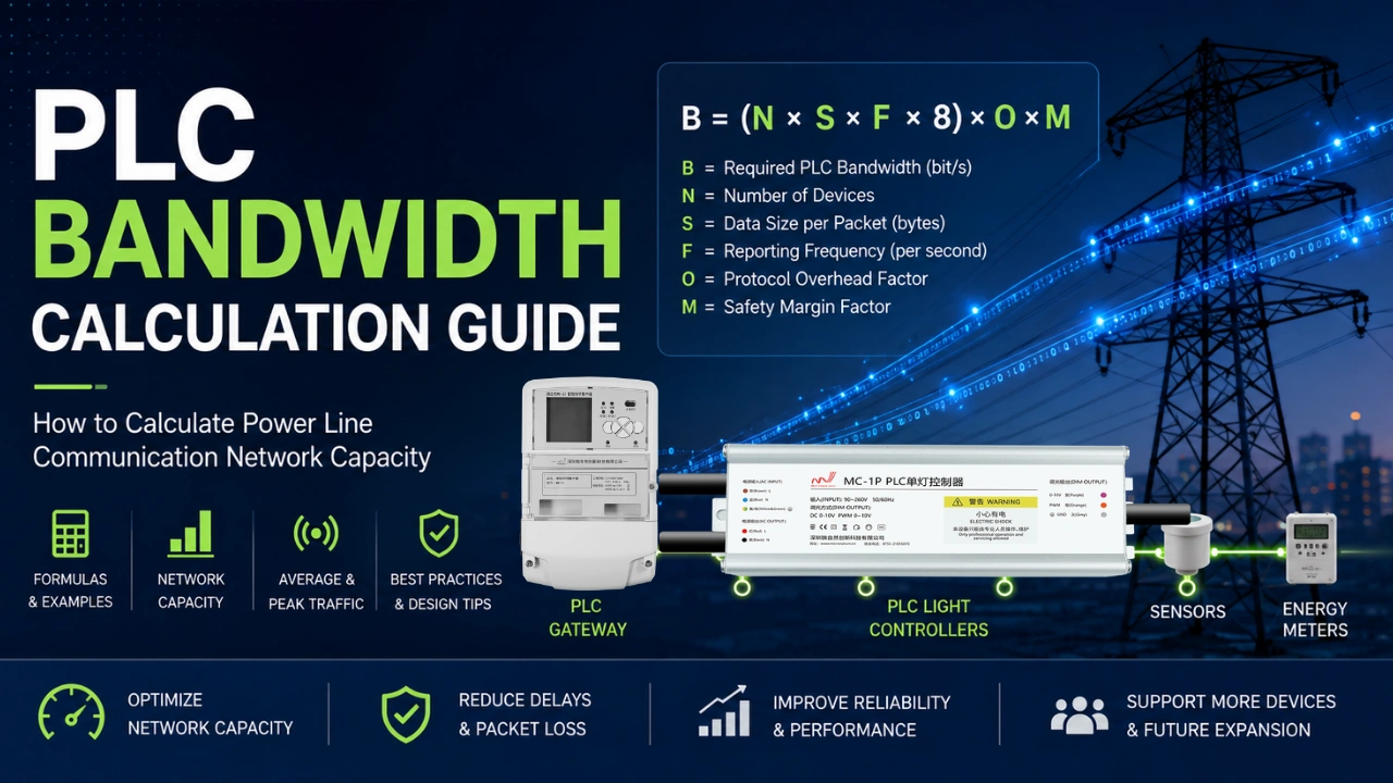 PLC bandwidth calculation guide showing how to calculate Power Line Communication network capacity using PLC gateways, light controllers, sensors, and energy meters.