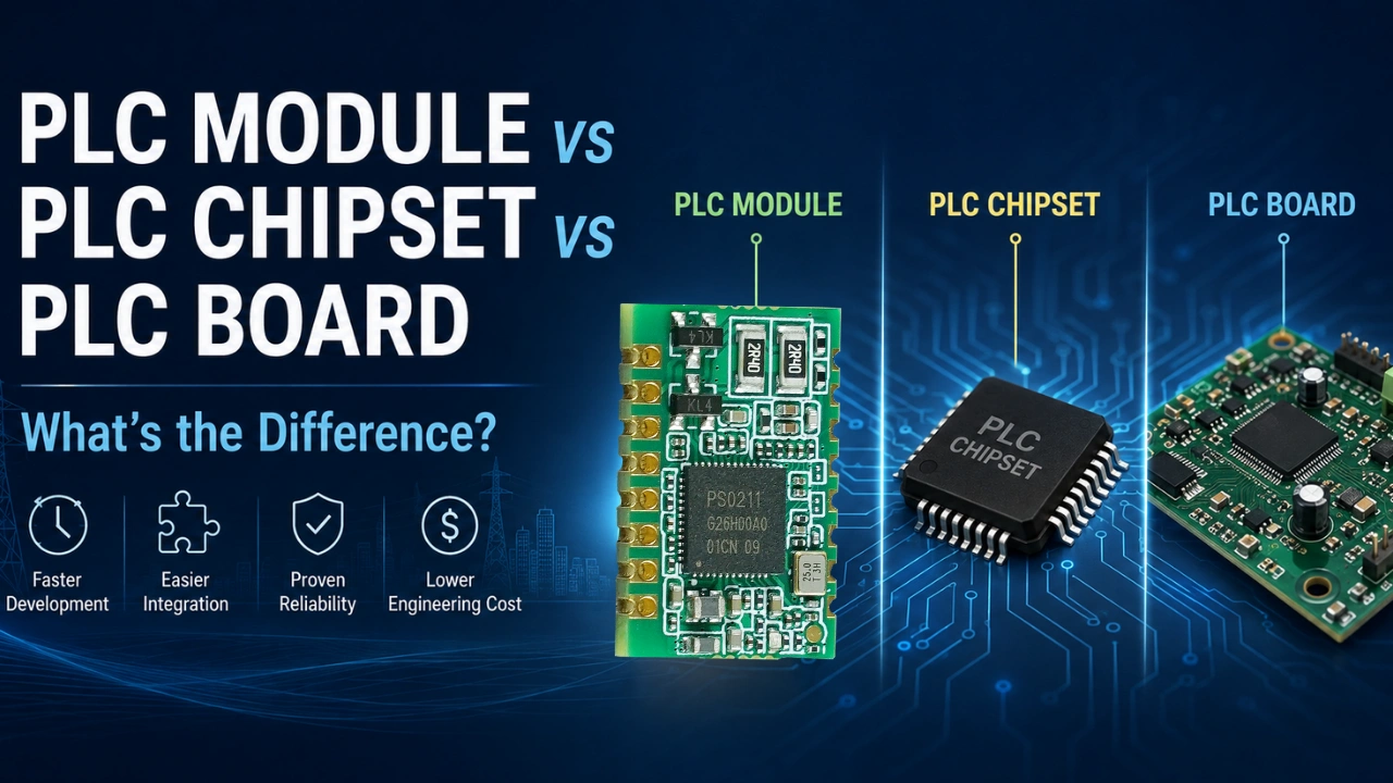 PLC module vs PLC chipset vs PLC board comparison showing the differences between Power Line Communication hardware solutions