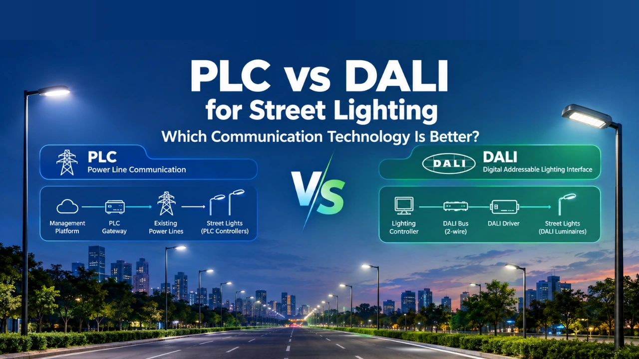 PLC vs DALI for street lighting, comparing power-line communication and dedicated lighting-control bus architectures.