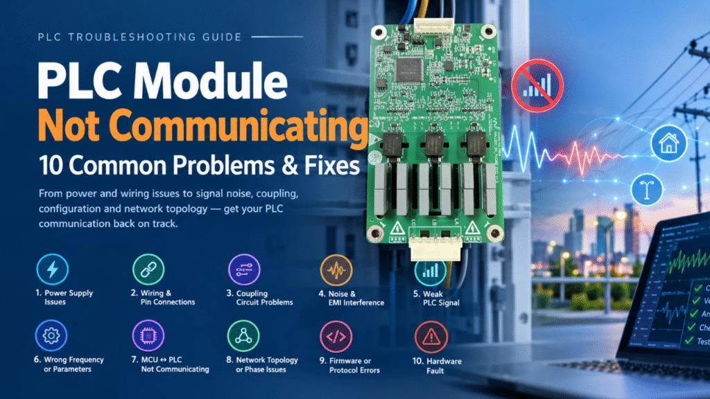PLC module troubleshooting guide showing a PLC communication module, power-line signal diagnostics, and 10 common communication problems.
