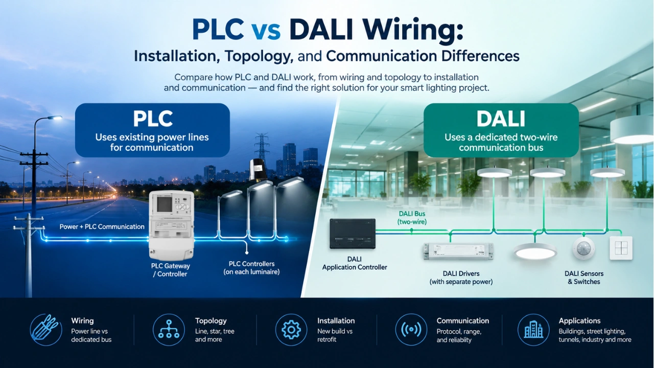 PLC vs DALI wiring comparison showing installation, topology, and communication differences