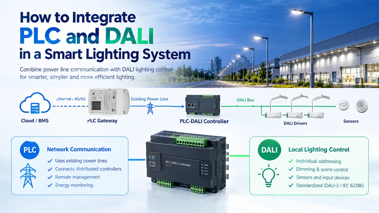 PLC and DALI integration architecture for a smart lighting system