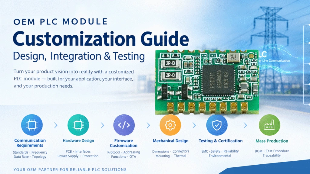 OEM PLC module customization guide showing PLC module design, integration, testing, and mass production