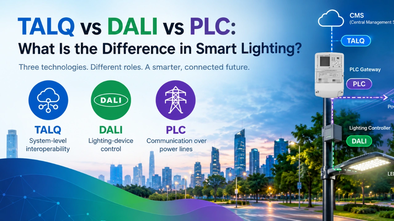 TALQ vs DALI vs PLC smart lighting architecture showing TALQ for system interoperability, PLC for power-line communication, and DALI for lighting-device control