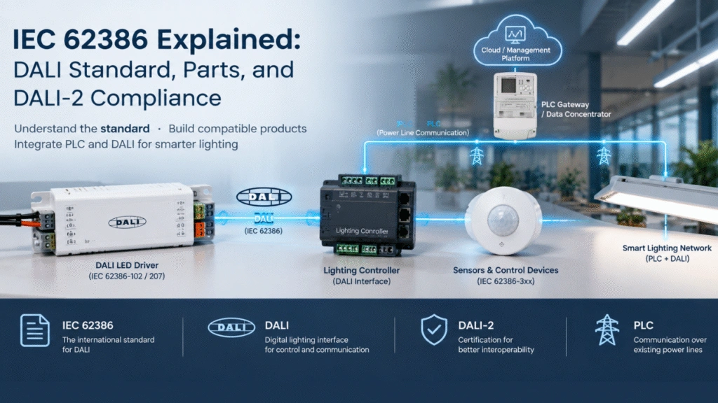 IEC 62386 DALI lighting control system with LED driver, controller, and PLC gateway
