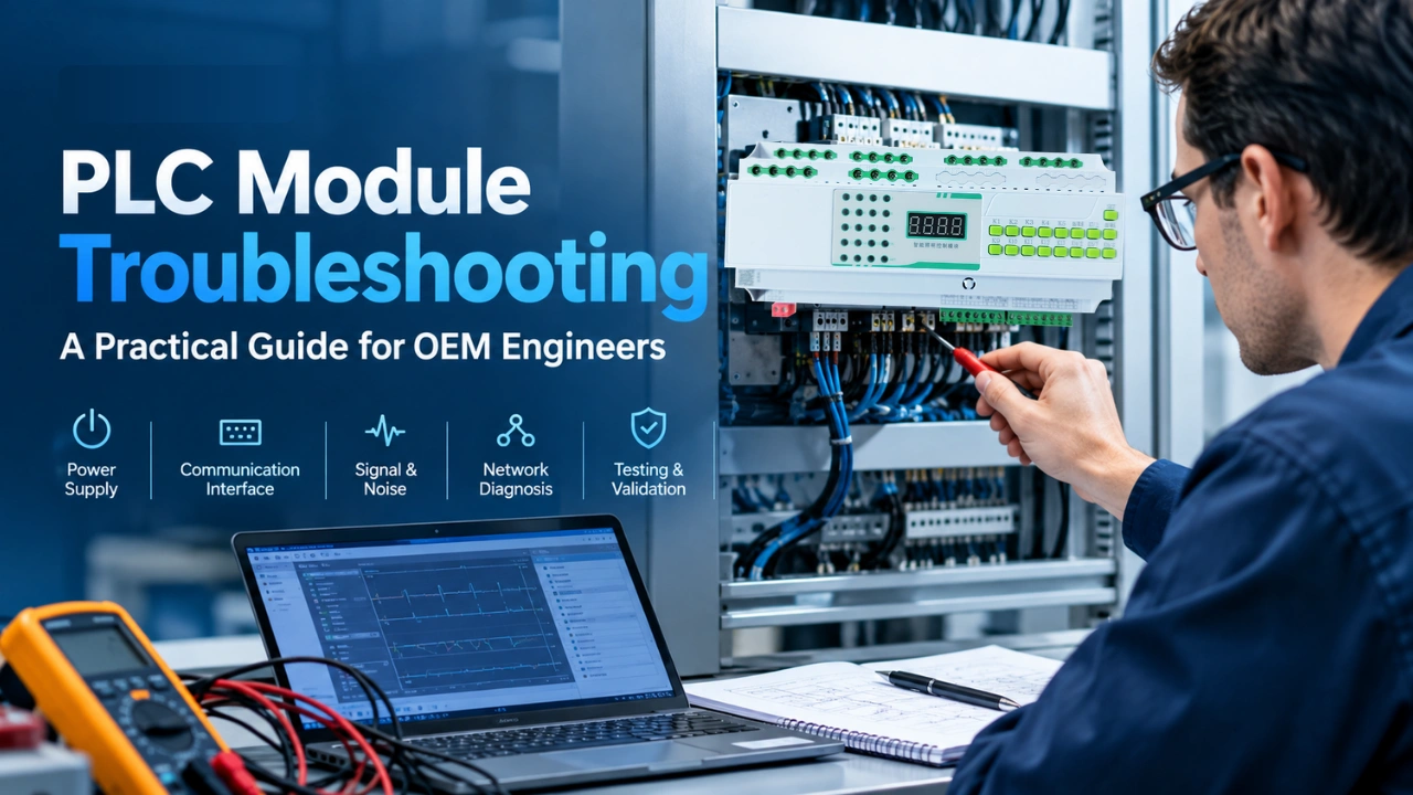 PLC module troubleshooting by an OEM engineer testing industrial communication hardware.