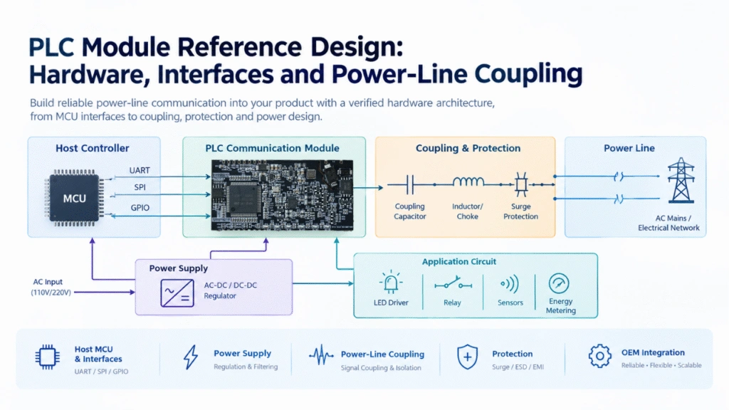 PLC module reference design with host MCU, UART and SPI interfaces, power supply, coupling circuit, and power-line connection