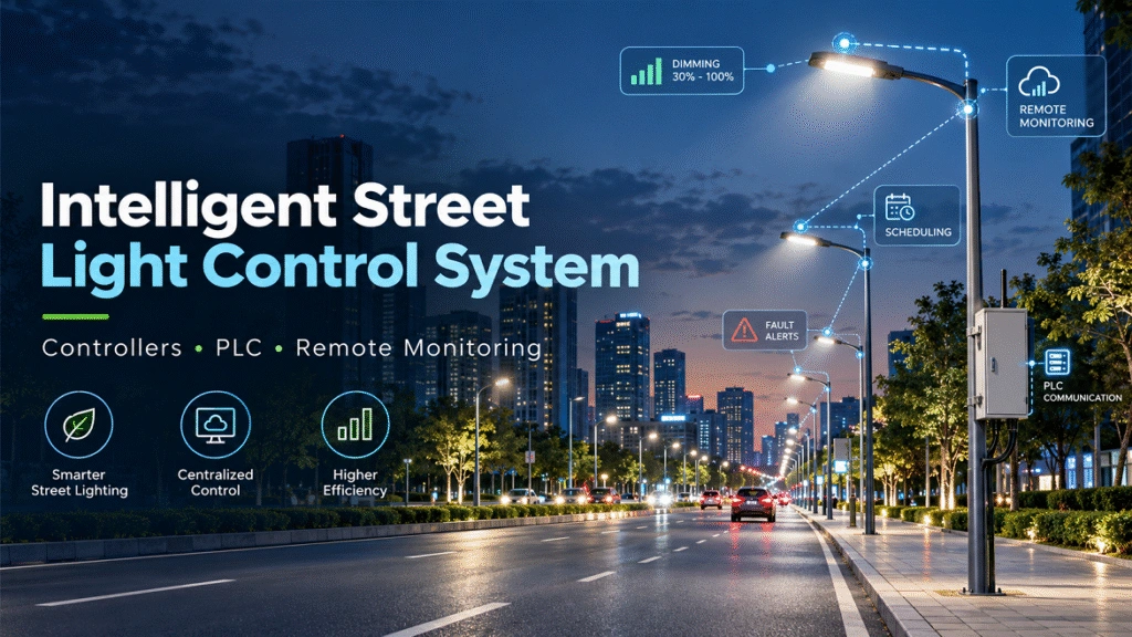 Smart Streetlight Network at Dusk