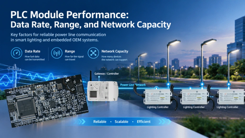 PLC communication module performance showing data rate, communication range, and network capacity in a smart lighting network
